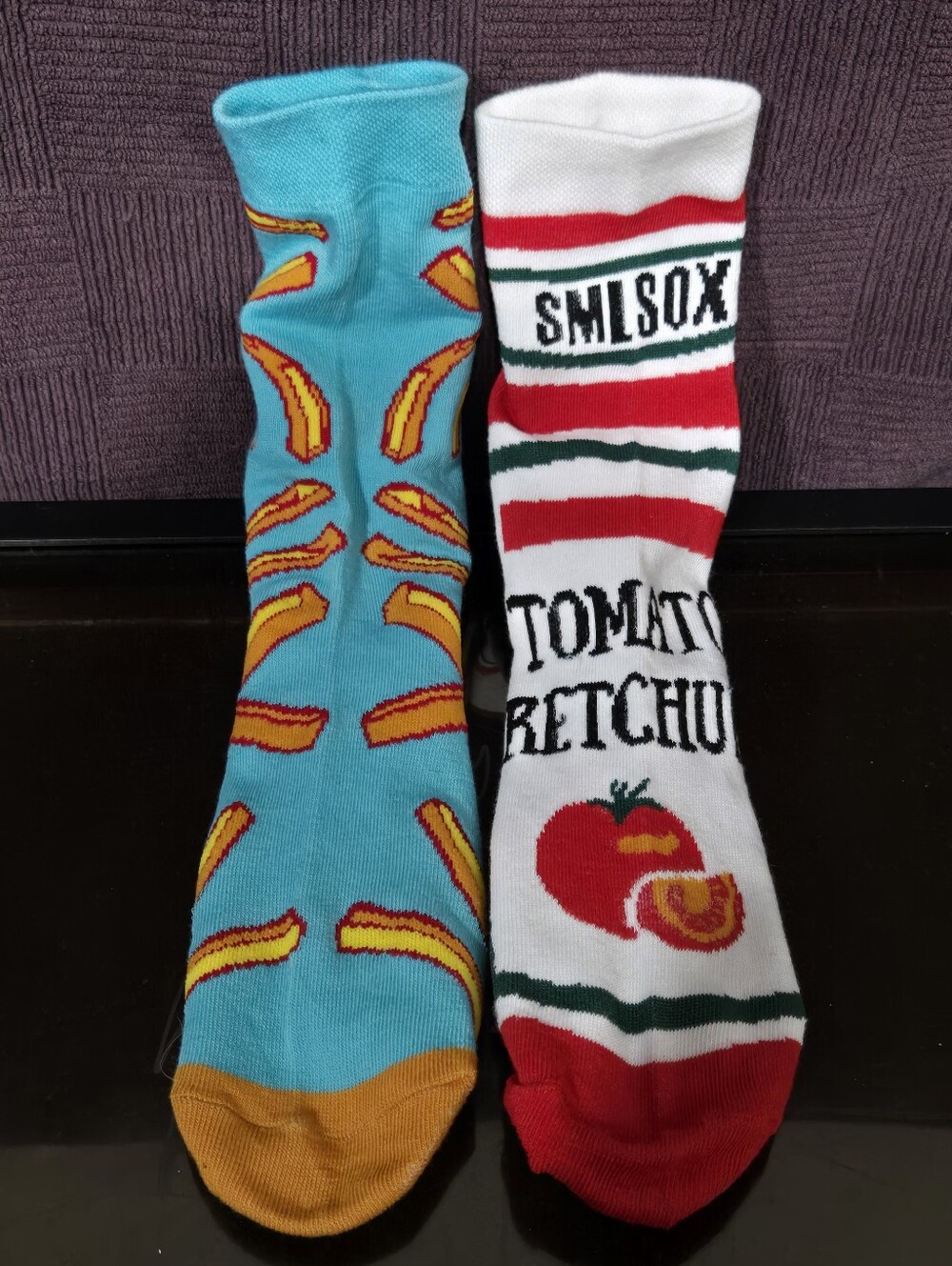 Novelty Men’s Crew Socks - Blue Mustard Hot Dog & White Red Ketchup Designs
